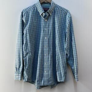 Vineyard Vines Button Up Whale Shirt Check Gingham Blue Green Cotton Men's Large